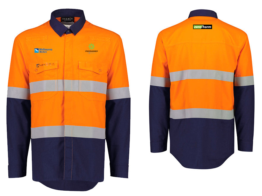 MENS ORANGE FLAME LIGHTWEIGHT RIPSTOP SPLICED SHIRT - HOOP TAPED - ORANGE/NAVY