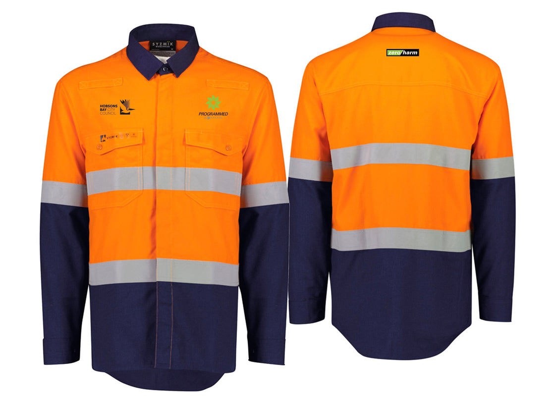 MENS ORANGE FLAME LIGHTWEIGHT RIPSTOP SPLICED SHIRT - HOOP TAPED - ORANGE/NAVY