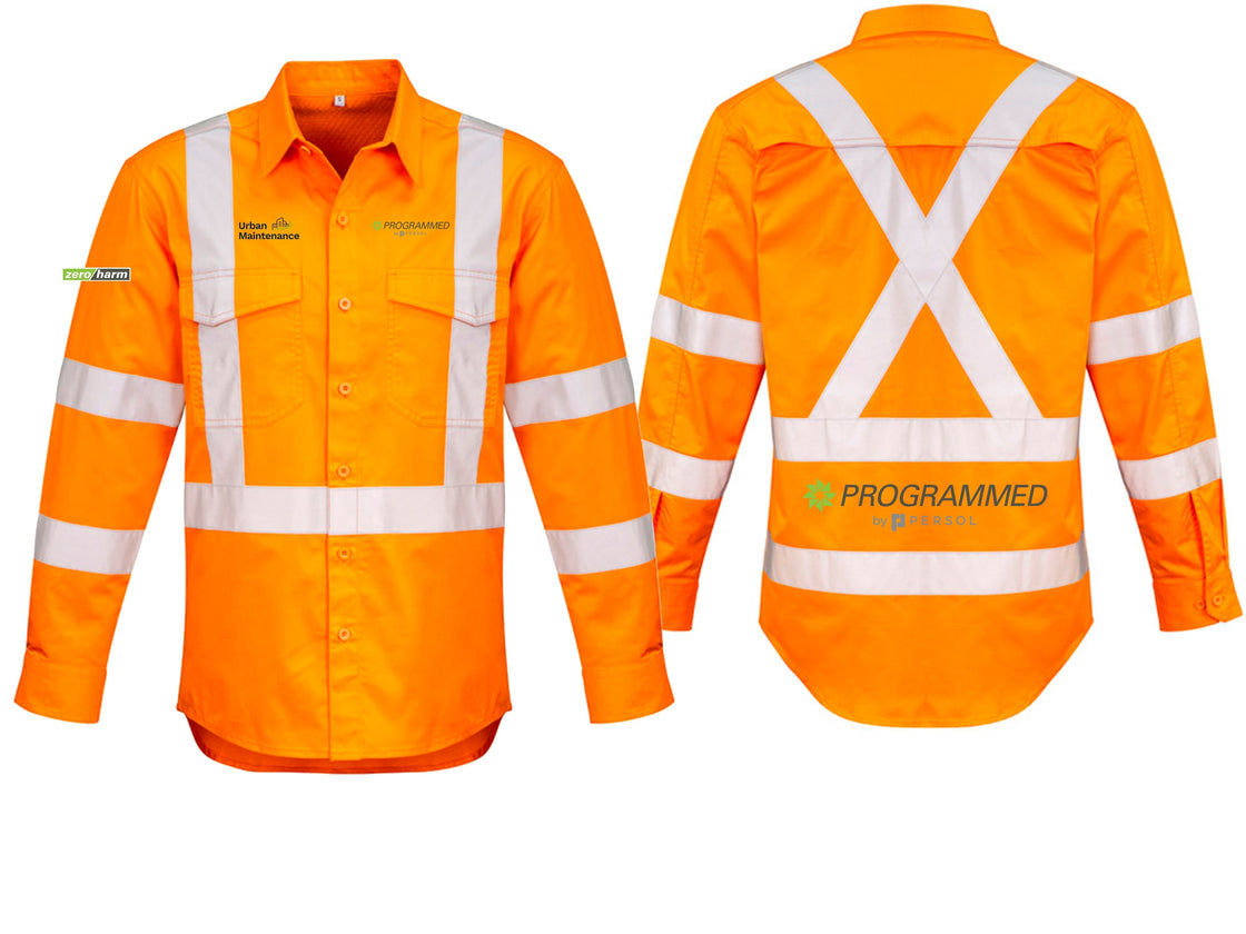 MENS HI VIS X BACK TAPED LONG SLEEVE SHIRT - ORANGE