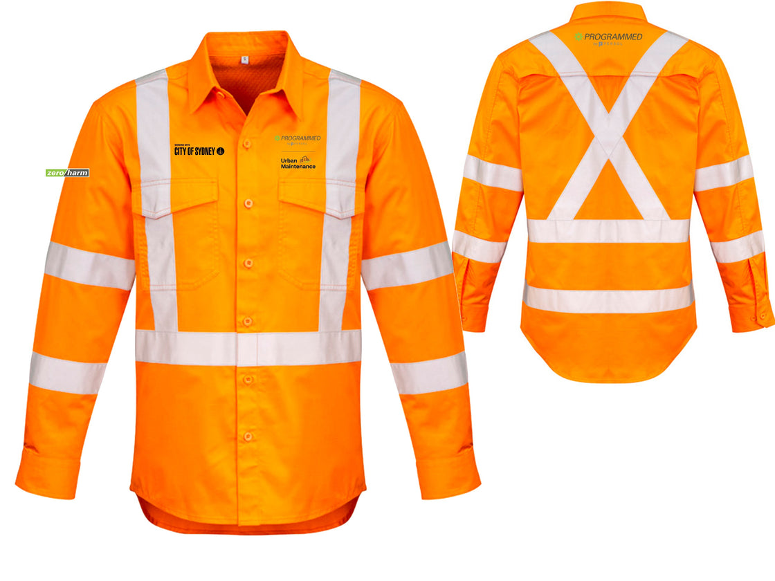 MENS HI VIS X BACK TAPED LONG SLEEVE SHIRT - ORANGE