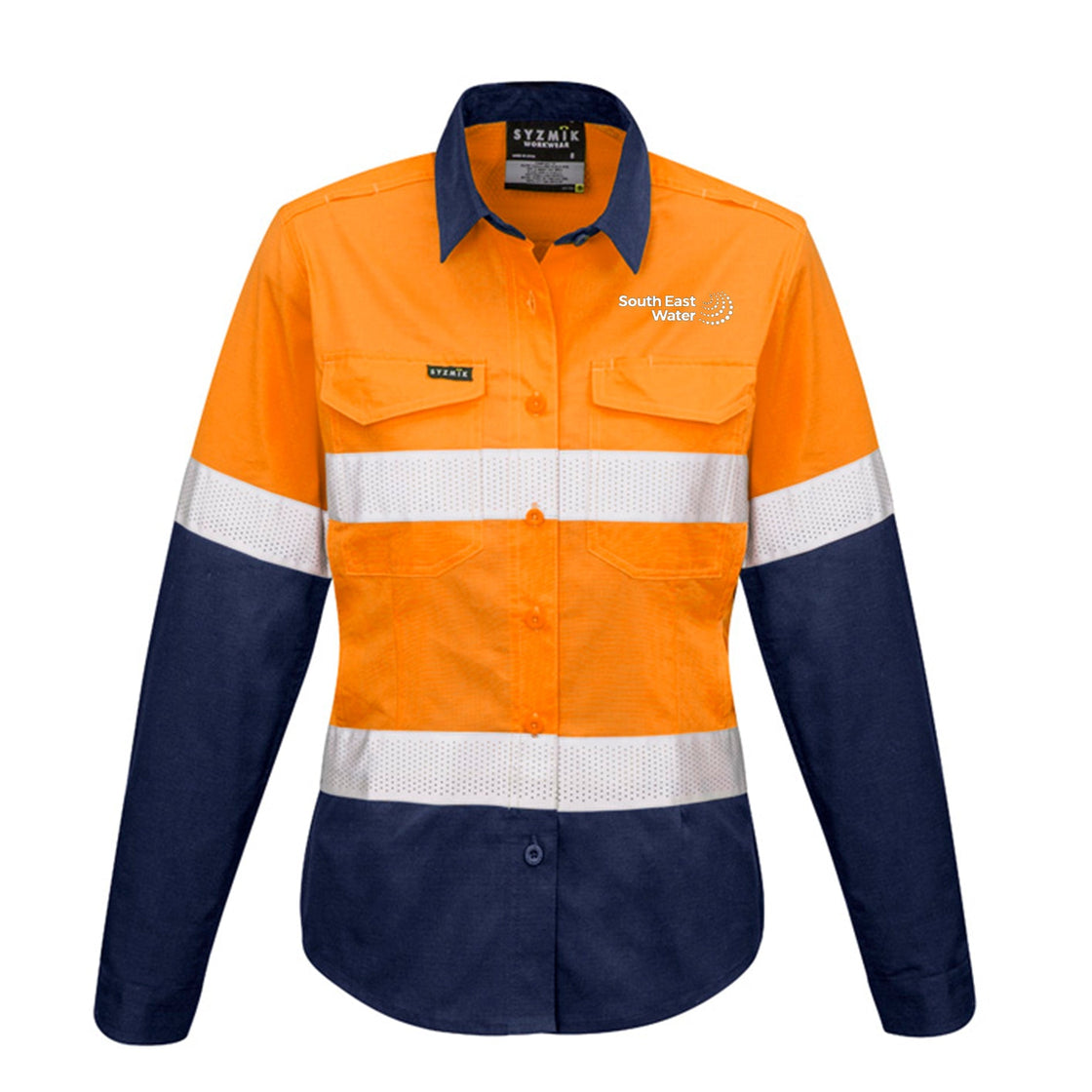 WOMENS RUGGED COOLING HI VIS TAPED LONG SLEEVE SHIRT - ORANGE/NAVY
