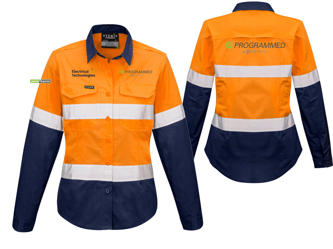 WOMENS RUGGED COOLING HI VIS TAPED LONG SLEEVE SHIRT - ORANGE/NAVY