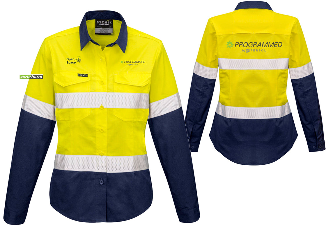 WOMENS RUGGED COOLING HI VIS TAPED LONG SLEEVE SHIRT - YELLOW/NAVY