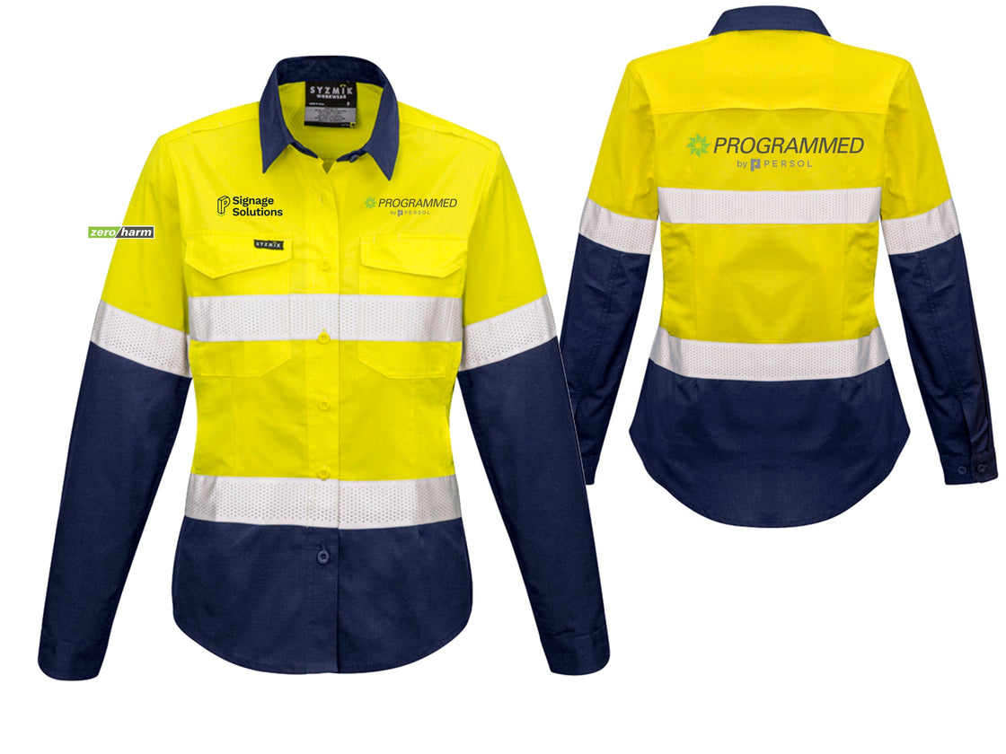 WOMENS RUGGED COOLING HI VIS SHIRT - YELLOW/NAVY
